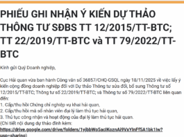 Phiếu ghi nhận ý kiến dự thảo thông tư sửa đổi bổ sung TT 12/2015/TT-BTC; TT 22/2019/TT-BTC và TT 79/2022/TT-BTC